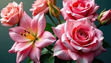Fototapeta premium Intricate blooming roses & lilies, rich textures , craft, lilies