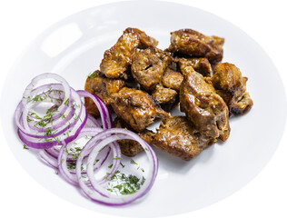 roast meat with red onion on a plate