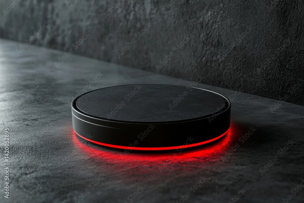 Poster against a dark and textured background, a circular platform is illuminated with orange light in a vi