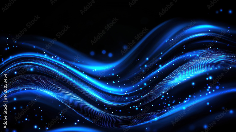 Poster high tech deep blue and dark gray digital waves with glowing particles create dynamic atmosphere