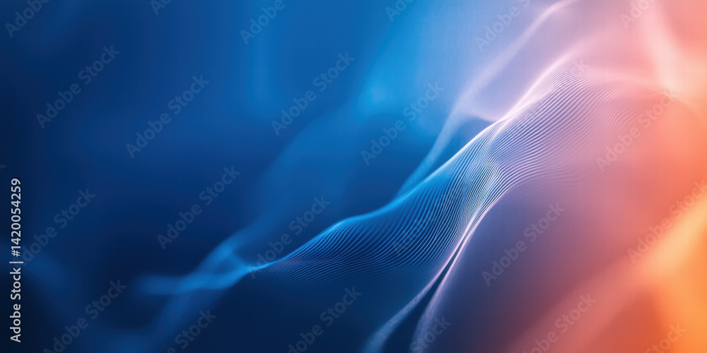 Poster abstract background with flowing waves in deep blue and orange hues, creating serene atmosphere