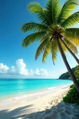 Palm trees sway gently in the warm ocean breeze on a sandy beach with a calm turquoise sea, sunset, tree