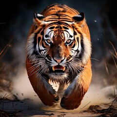 Naklejka premium Fotografía de un tigre enojado corriendo hacia la cámara, toma de cuerpo entero, realista, hiperrealista al estilo de un artista fotorrealista.