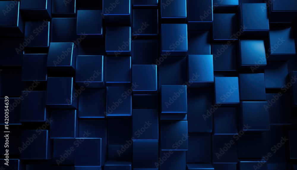 Poster sophisticated backdrop featuring stacked 3d cubes deep blue tones, creating depth and texture