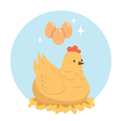 Laying hen is sitting in the nest with fresh chicken eggs. Poultry farming, domestic birds and farm life concept sticker illustration design.