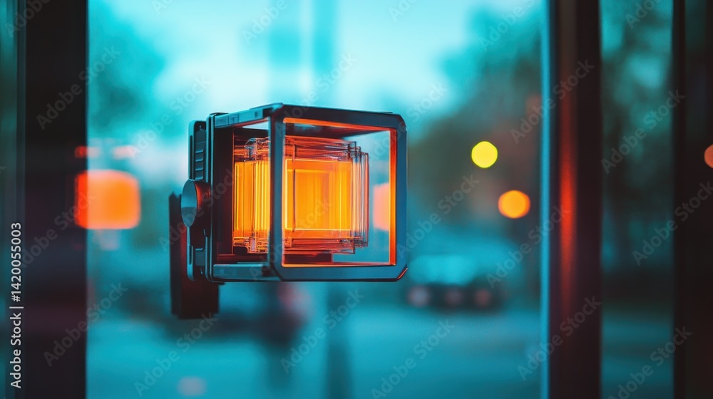 Poster a modern illuminated cubic light source displayed against a glass window