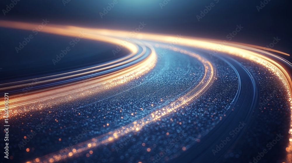 Poster in the image, a dynamic composition is formed by abstract blue waves and the light reflections they 