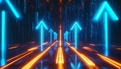 Ascending Arrow: Neon arrow pointing upwards with orange lights for growth concept and the business development concept in the dark atmosphere. 