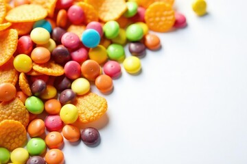 Pile of colorful candy, chips, and soda on white , sugar, treat