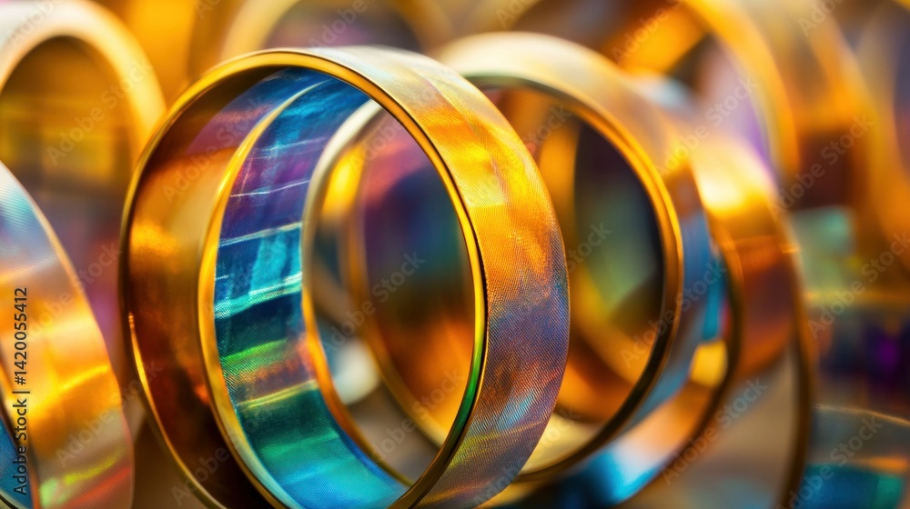 Poster metallic ribbon curls with iridescent coloring in a display
