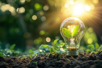 Sustainable energy concept symbolized by a growing plant within an incandescent light bulb.