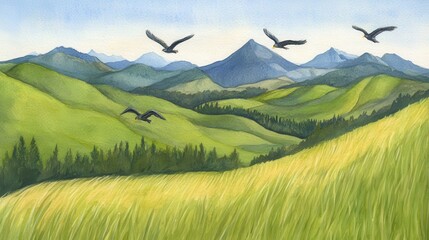 Rolling Hills Birds Soaring over Grassy Meadows  Distant Mountains