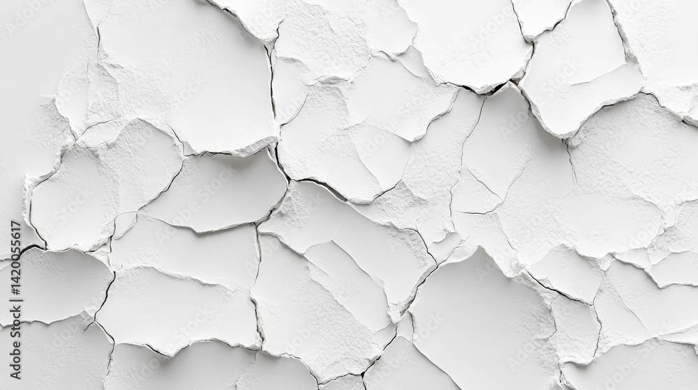 Poster a close-up perspective of a broken white surface with uneven shapes and dark lines dividing the brok