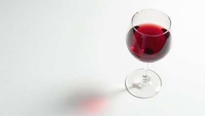 Single red wine glass on bright white surface, red liquid, still life, wine glass