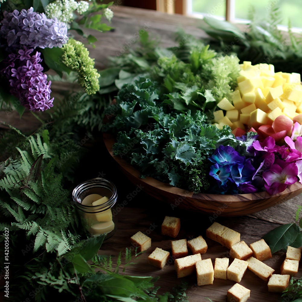 Poster culinary still life display with assorted produce and croutons in rustic setting presentation.