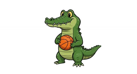 Smiling crocodile cartoon character holding basketball