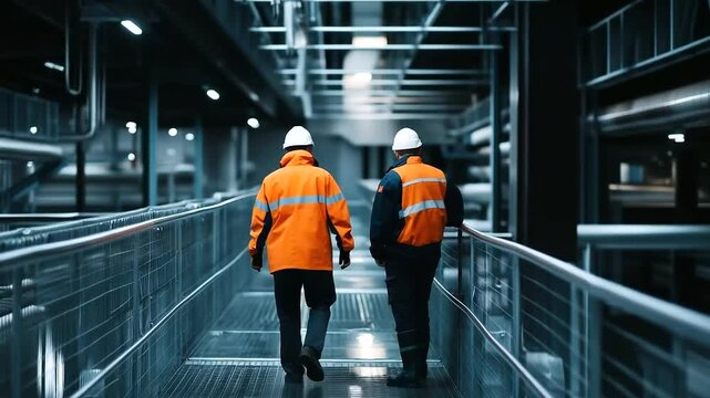 Engineers walk along a steel walkway above massive treatment pools, engaged in discussion about sustainability upgrades to improve efficiency