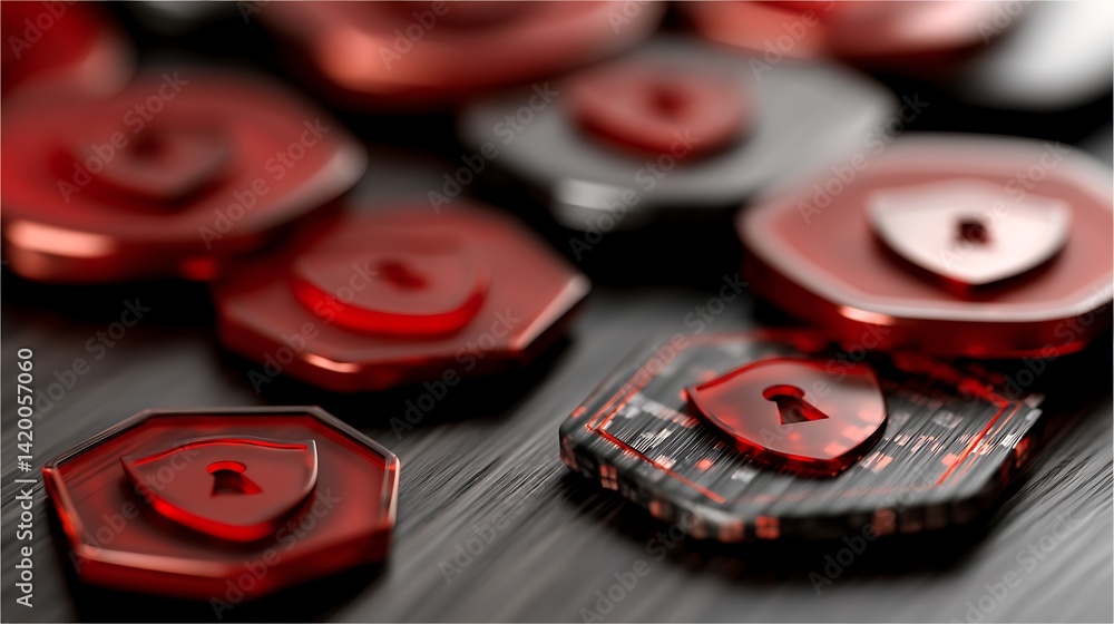 Poster cyber security technology shields with red translucent finish on dark surface representing protectio
