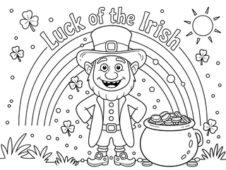 St Patricks Day Coloring Page with Leprechaun Pot of Gold Rainbow Shamrocks and Festive Irish Holiday Theme for Kids