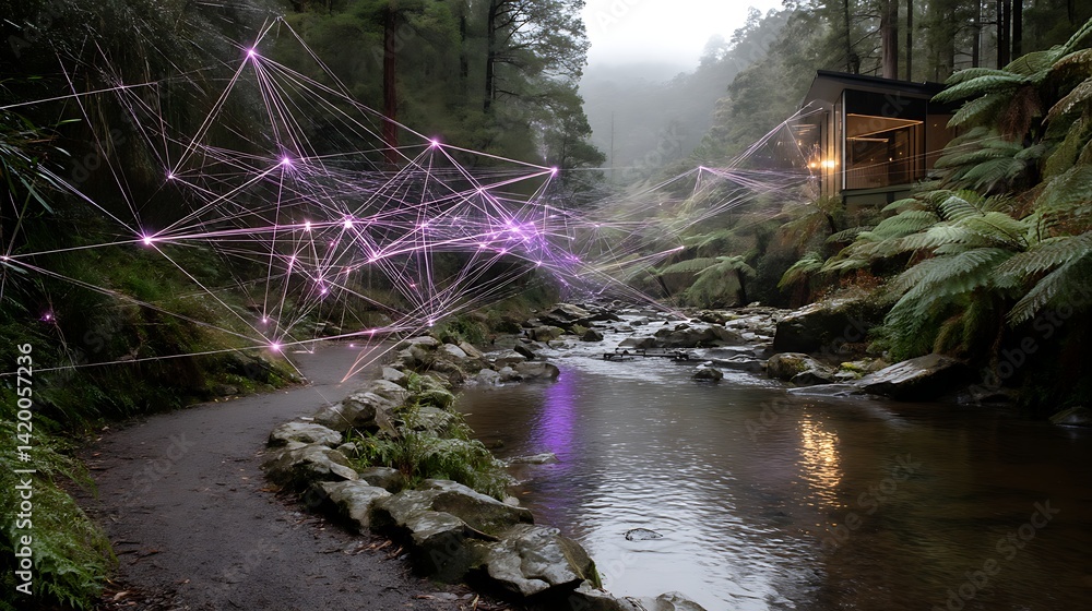 Aufkleber cybernetic forest stream with abstract network and modern cabin amidst ferns and fog.