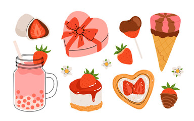 Strawberry set. Summer refreshing drinks, sweets and desserts with taste of strawberries. Chocolate strawberry. Flowers, petals, strawberries. Flat Vector illustration isolated on white background