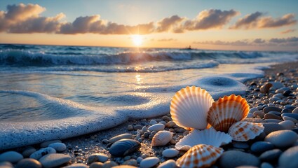 Obraz premium Seashells on Pebble Beach at Sunset with Ocean Waves