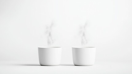 Two Coffee Cups Steam Minimalist Style High-Key Lighting Centered, Close-up View Simple Design Warmth and Relaxation White Background Pure Clean Aesthetic Ideal for Coffee Brand Ads