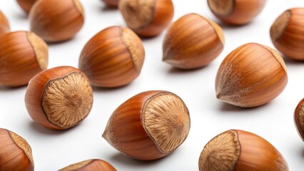 Close-up shot of numerous brown hazelnuts, arranged on a plain white backdrop for display.