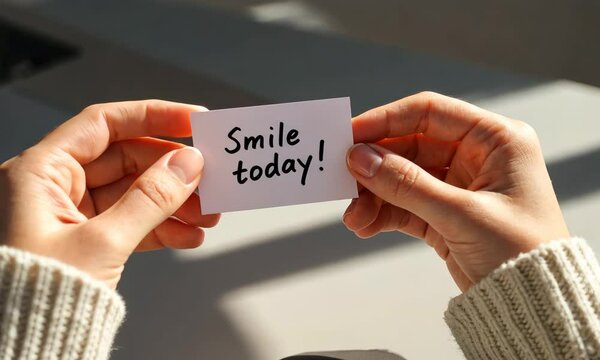 Hands holding note with "Smile today!" in bright light
