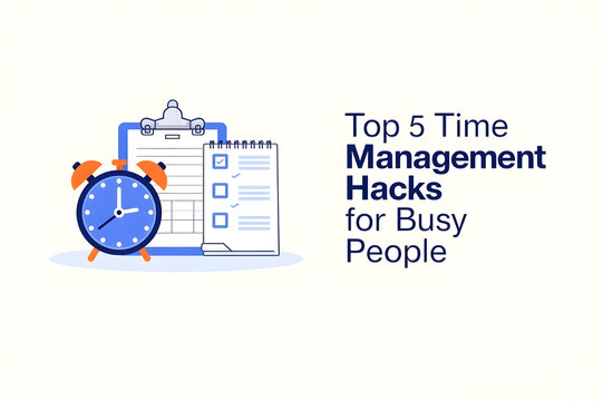 Illustration of Clock, Calendar, and Checklist Items with Title 'Top 5 Time Management Hacks for Busy People', Efficient Productivity Guide, Organized Workflow Infographic