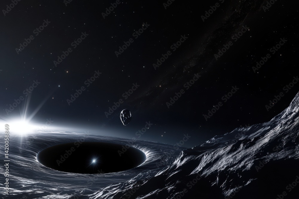 Poster exploration of a black hole in deep space with a distant asteroid in view
