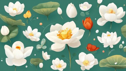 Serene canvas of lotus flowers in white orange  leaves
