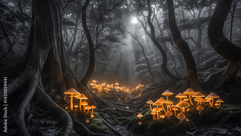Poster Glowing Mushrooms in Foggy Forest with Light Rays Streaming Through Trees