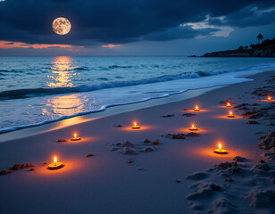 Tranquila playa iluminada con un camino de velas creando ambiente romántico con luna y estrellas.