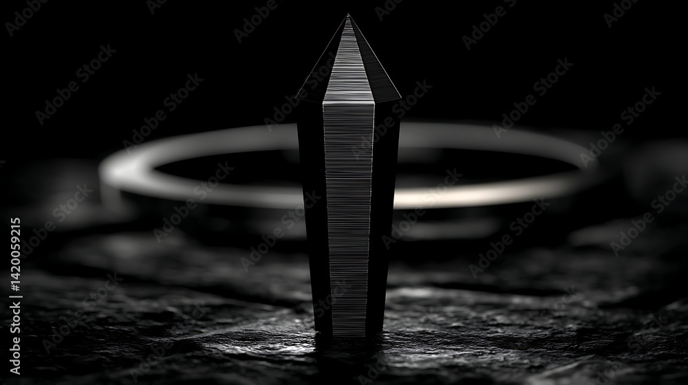 Poster Dark Monolith on Textured Stone Surface with Circular Halo in Shadowy Abstract Design Space.
