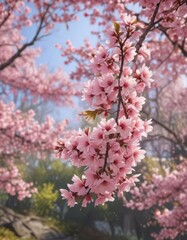 Obraz premium Delicate pink sakura petals drift against a bokeh of blooming cherry trees , artistic, cherry blossom, pastel