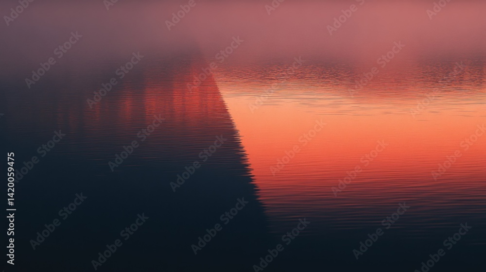 Poster the sunset over calm water with a soft hazy reflection on surface