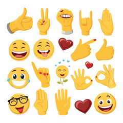 Set of colorful vector emoji illustrations showcasing various emotions. Includes happy, sad, angry, surprised, and playful expressions. Perfect for social media, messaging apps, and creative projects