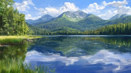 Fototapeta premium Serene lake reflecting mountains trees and sky