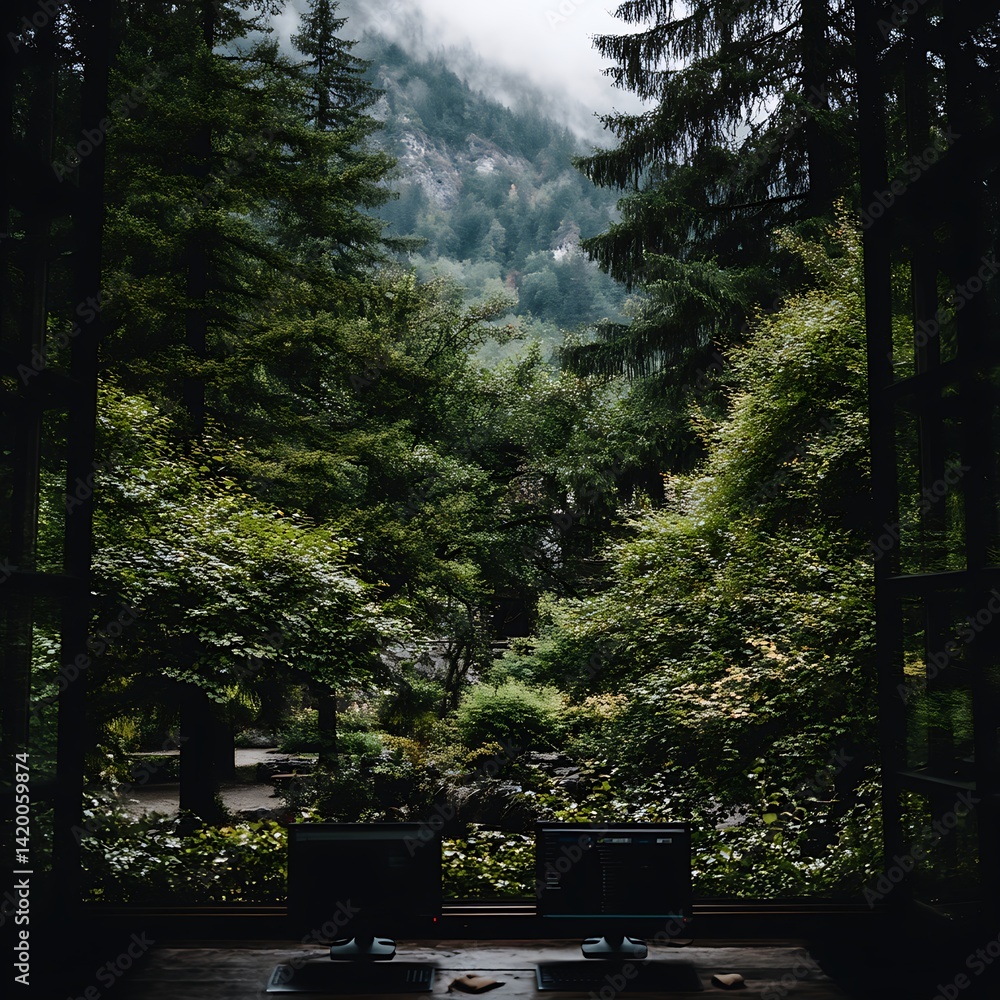 Poster dark window scene showing monitors and forest landscape in tranquil environment and view.
