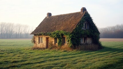 Obraz premium A small stone house covered in ivy sits in a field