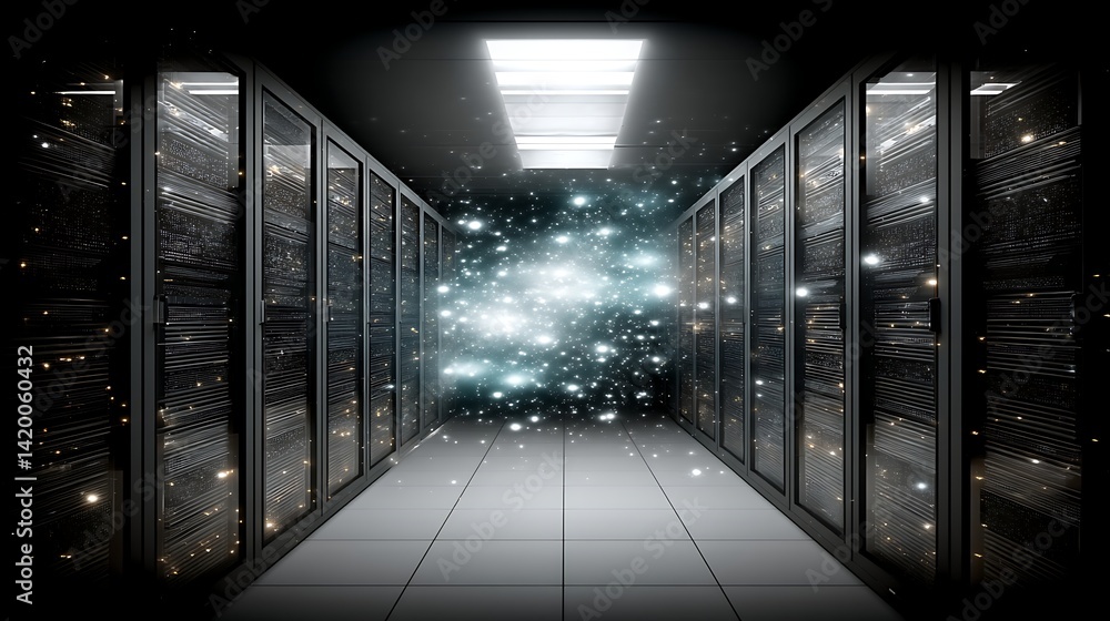 Aufkleber data center servers and futuristic digital cloud with sparkling particles and lights in server room.