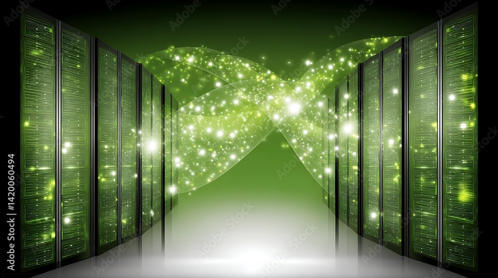 Poster data center servers green network nodes and digital information processing abstraction.
