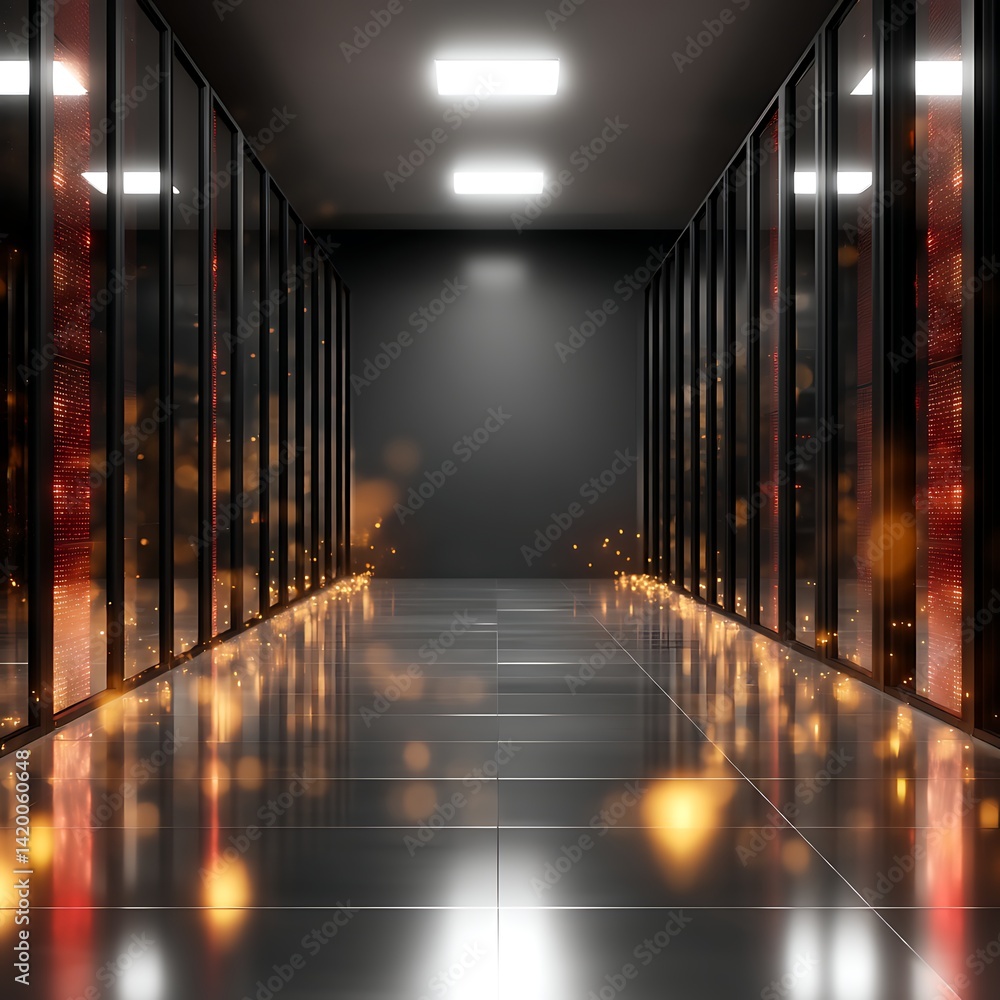 Aufkleber data center servers with shiny floor lights reflecting modern architecture and digital network essen