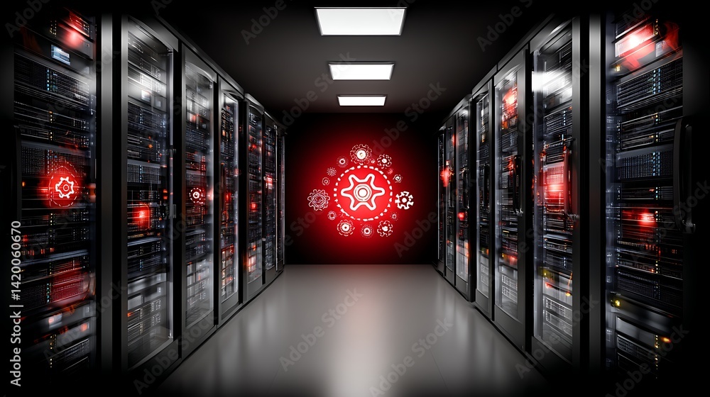 Poster data center with servers arranged in rows radiating a red glow technology and computing system.