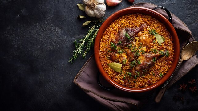 Spanish dinner specialty arroz con perdiz partridge rice dish earthy herbs and spices Castilla La Mancha cuisine in rustic bowl on dark stone background top down flat lay style