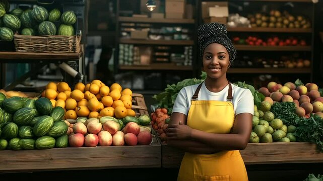 A welcoming shopkeeper at a small neighborhood grocery store, standing with arms folded near a wooden fruit stand filled with seasonal produce