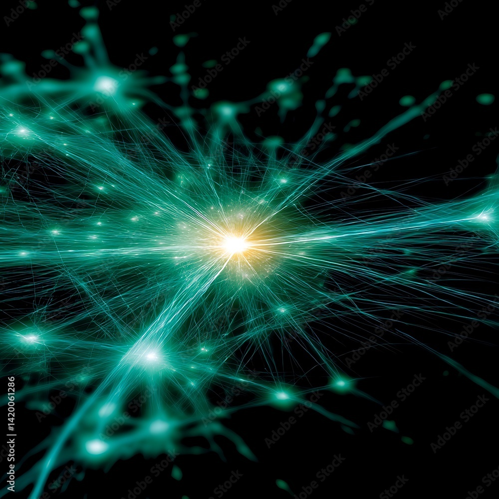 Poster dazzling burst of light rays emanating across neural pathways network connection technology data flo