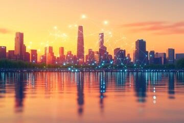 Obraz premium At sunset, a cityscape is seen with an overlay of digital networks and foliage that is blurred in the foreground