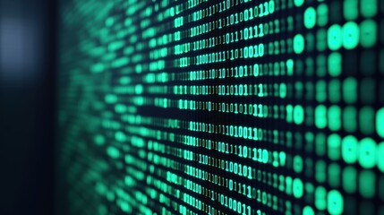 Obraz premium A digital representation of binary code displayed in vibrant green against a dark background, conveying a sense of technology and data.